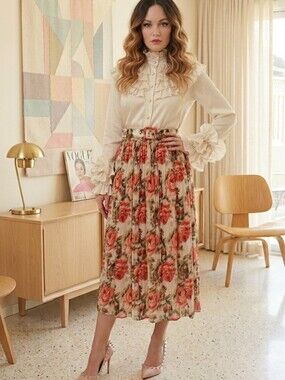 Susan Bristol🌹VINTAGE Slightly Sheer Cream Midi Skirt with Pink Rose Print Sz S